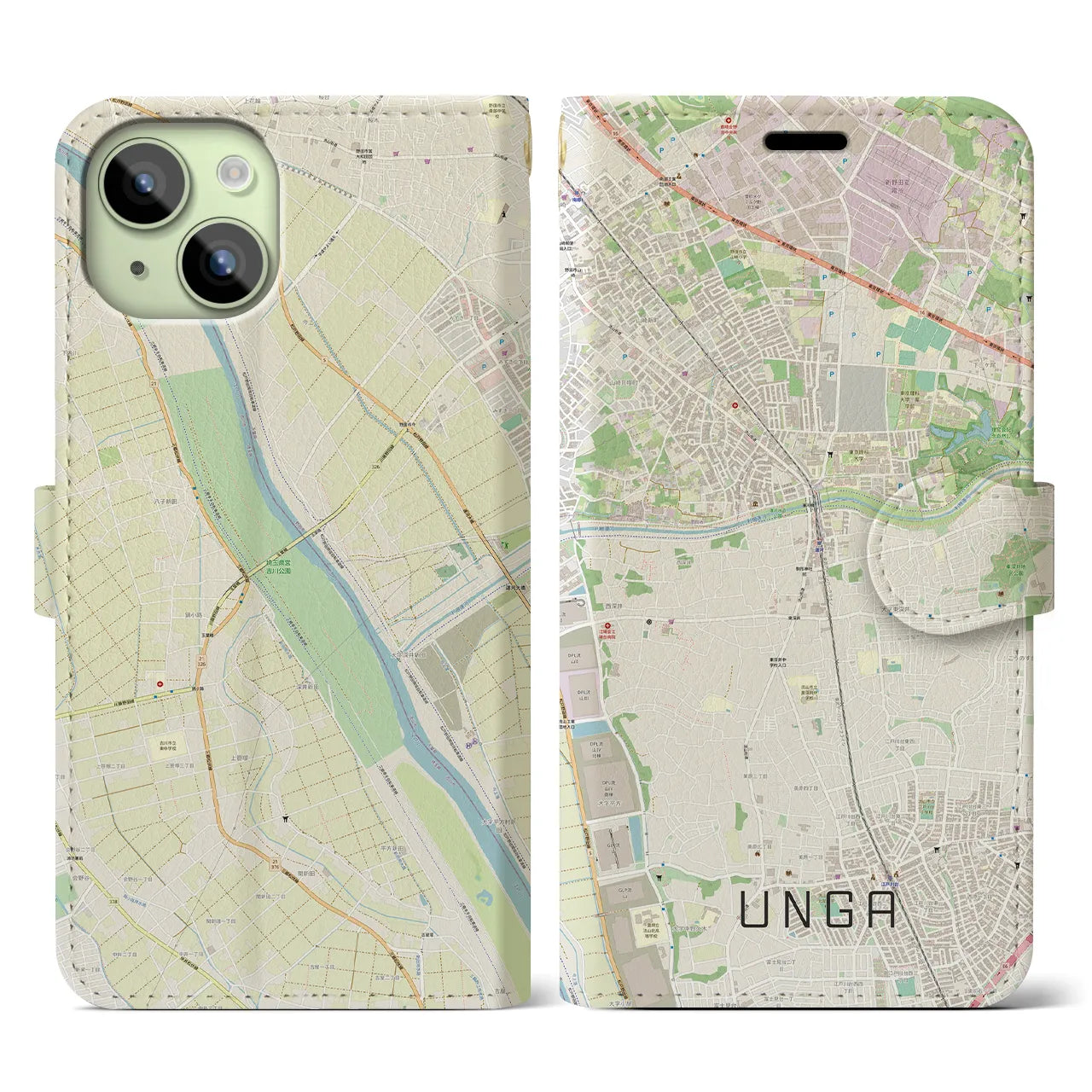 【運河(千葉県)】地図柄iPhoneケース(手帳タイプ)ナチュラル・iPhone 15 用