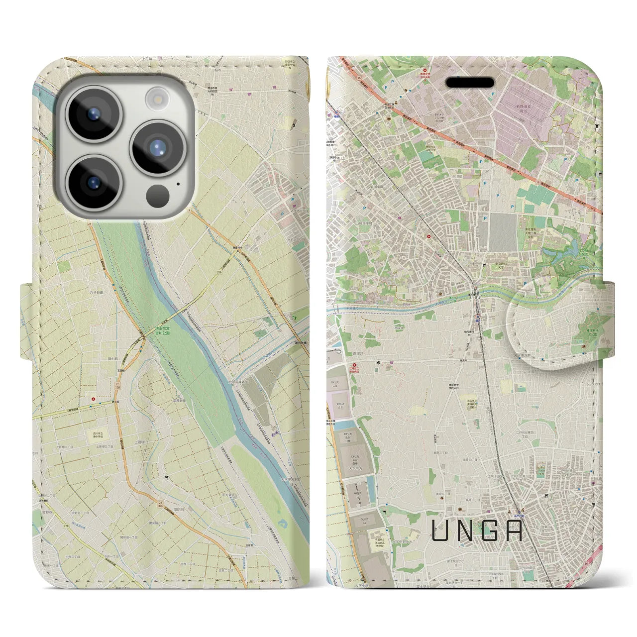 【運河(千葉県)】地図柄iPhoneケース(手帳タイプ)ナチュラル・iPhone 15 Pro 用