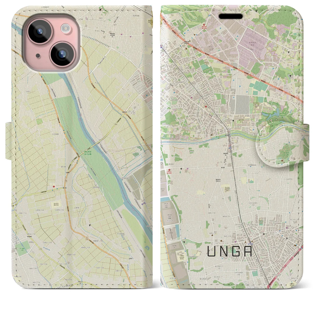 【運河(千葉県)】地図柄iPhoneケース(手帳タイプ)ナチュラル・iPhone 15 Plus 用
