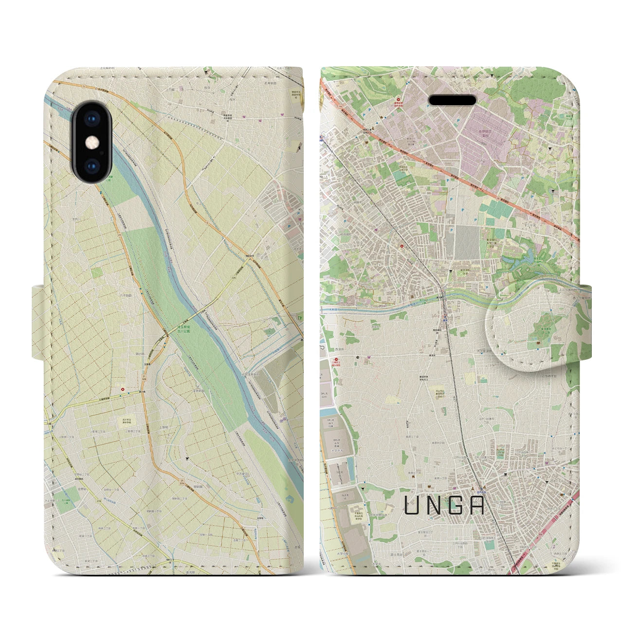 【運河(千葉県)】地図柄iPhoneケース(手帳タイプ)ナチュラル・iPhone XS / X 用