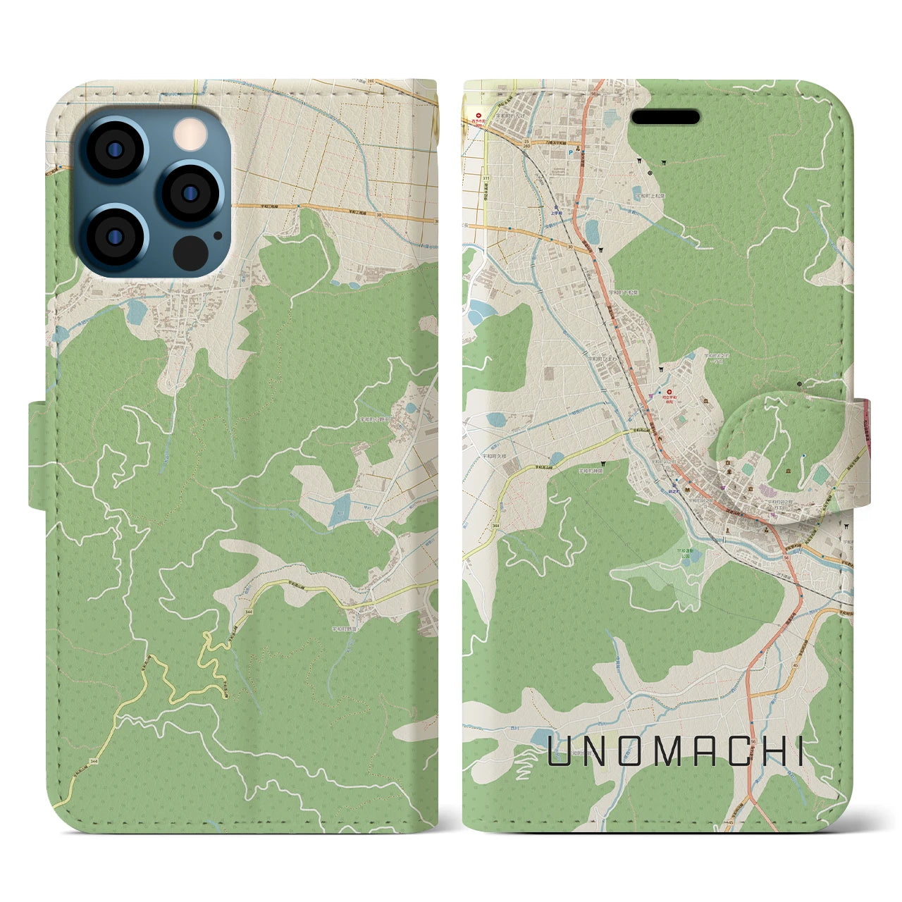 【卯之町(愛媛県)】地図柄iPhoneケース(手帳タイプ)ナチュラル・iPhone 12 / 12 Pro 用