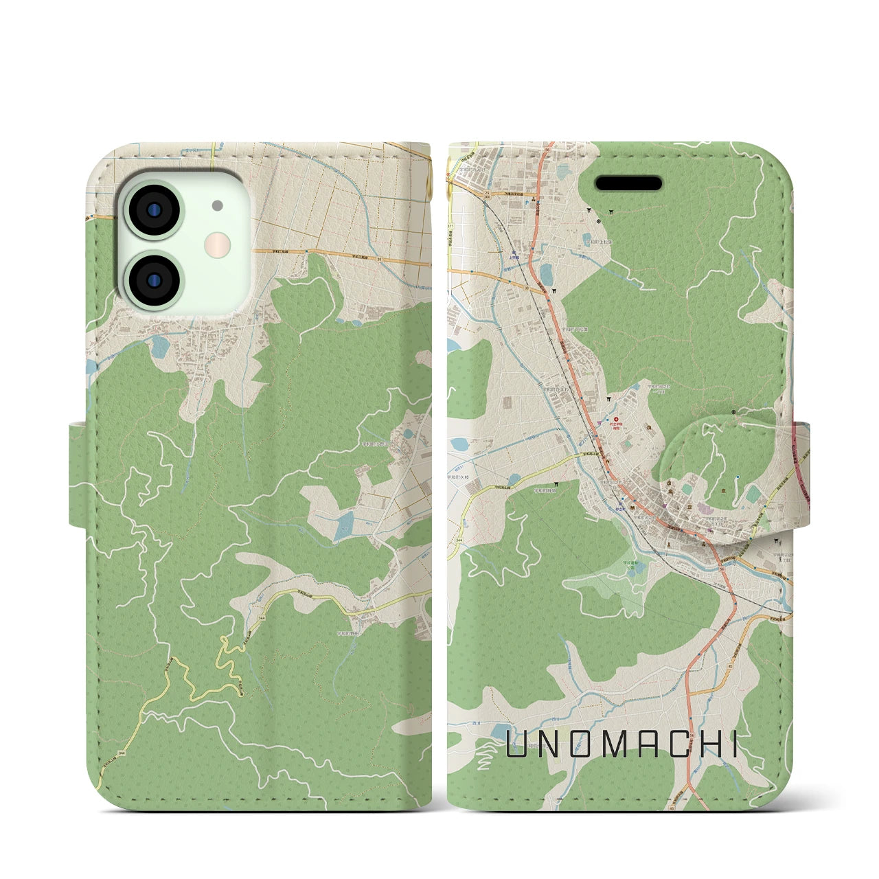 【卯之町(愛媛県)】地図柄iPhoneケース(手帳タイプ)ナチュラル・iPhone 12 mini 用