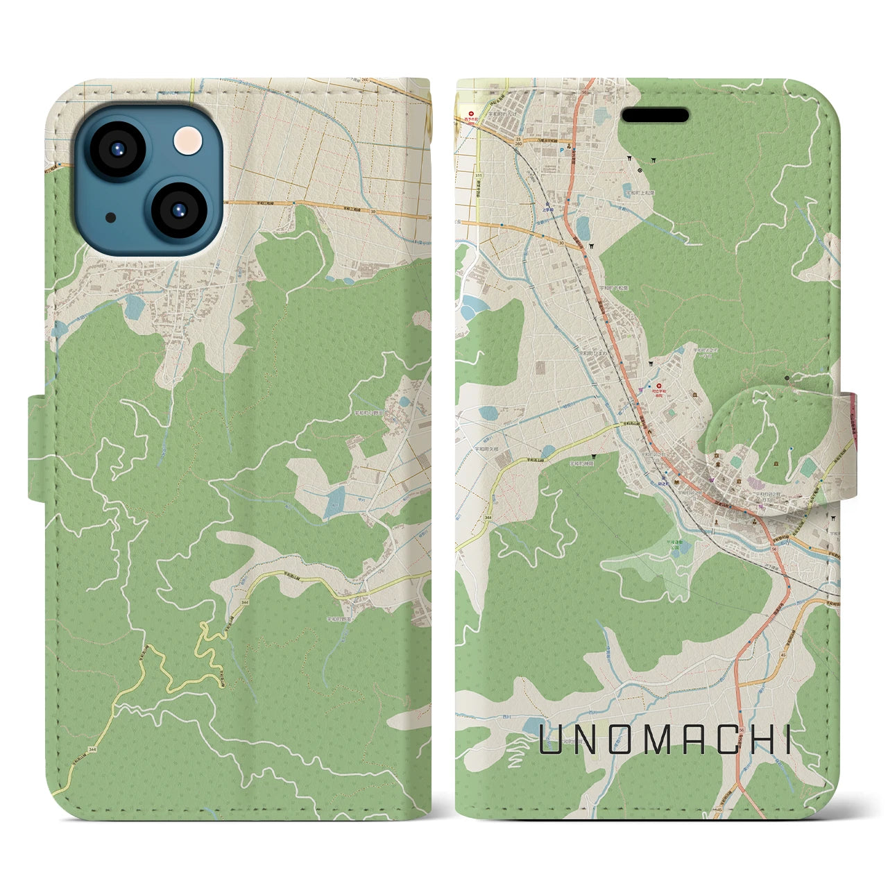 【卯之町(愛媛県)】地図柄iPhoneケース(手帳タイプ)ナチュラル・iPhone 13 用