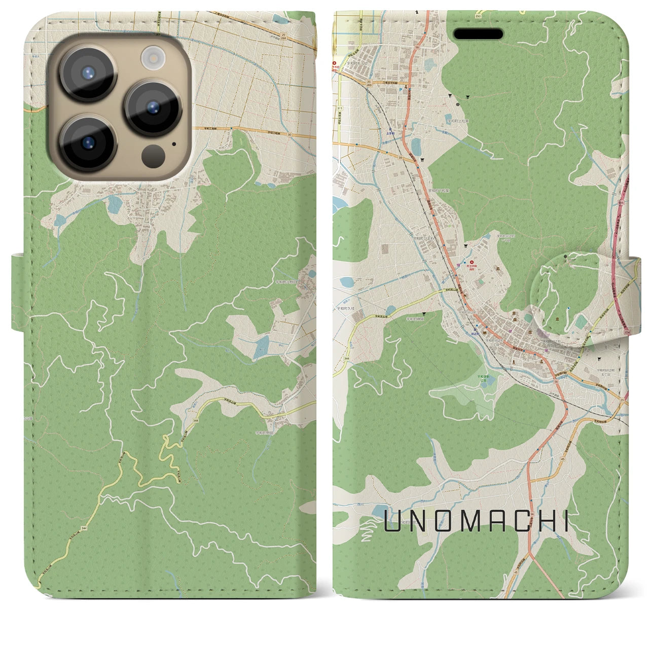 【卯之町(愛媛県)】地図柄iPhoneケース(手帳タイプ)ナチュラル・iPhone 14 Pro Max 用