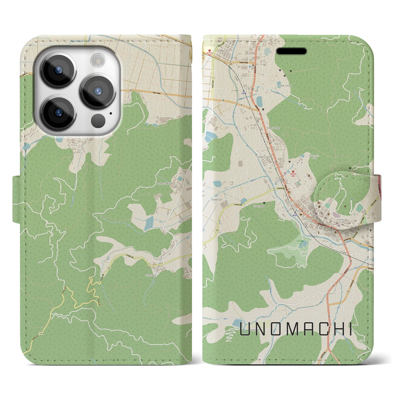【卯之町(愛媛県)】地図柄iPhoneケース(手帳タイプ)ナチュラル・iPhone 14 Pro 用