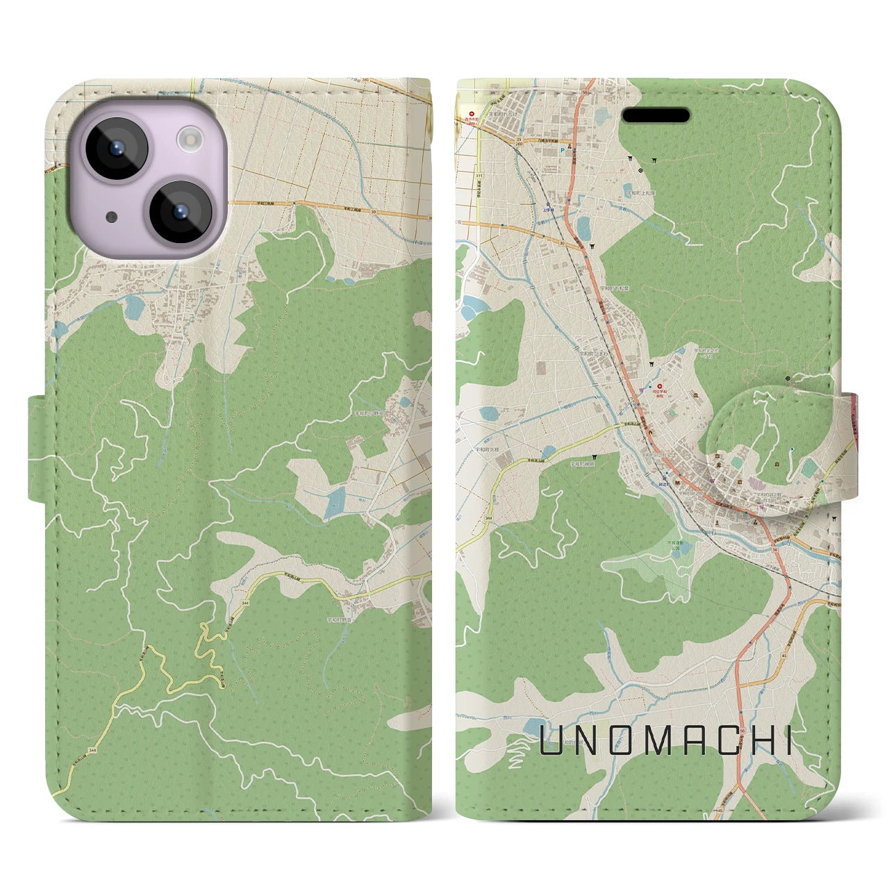 【卯之町(愛媛県)】地図柄iPhoneケース(手帳タイプ)ナチュラル・iPhone 14 用