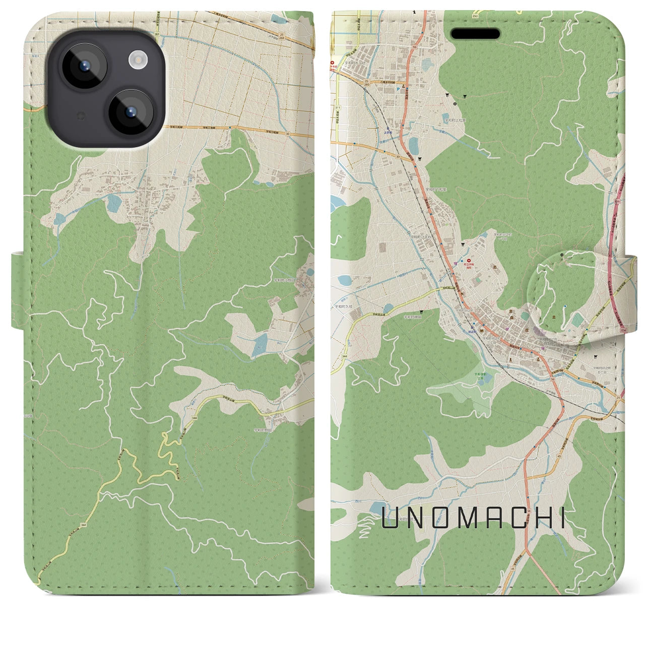 【卯之町(愛媛県)】地図柄iPhoneケース(手帳タイプ)ナチュラル・iPhone 14 Plus 用