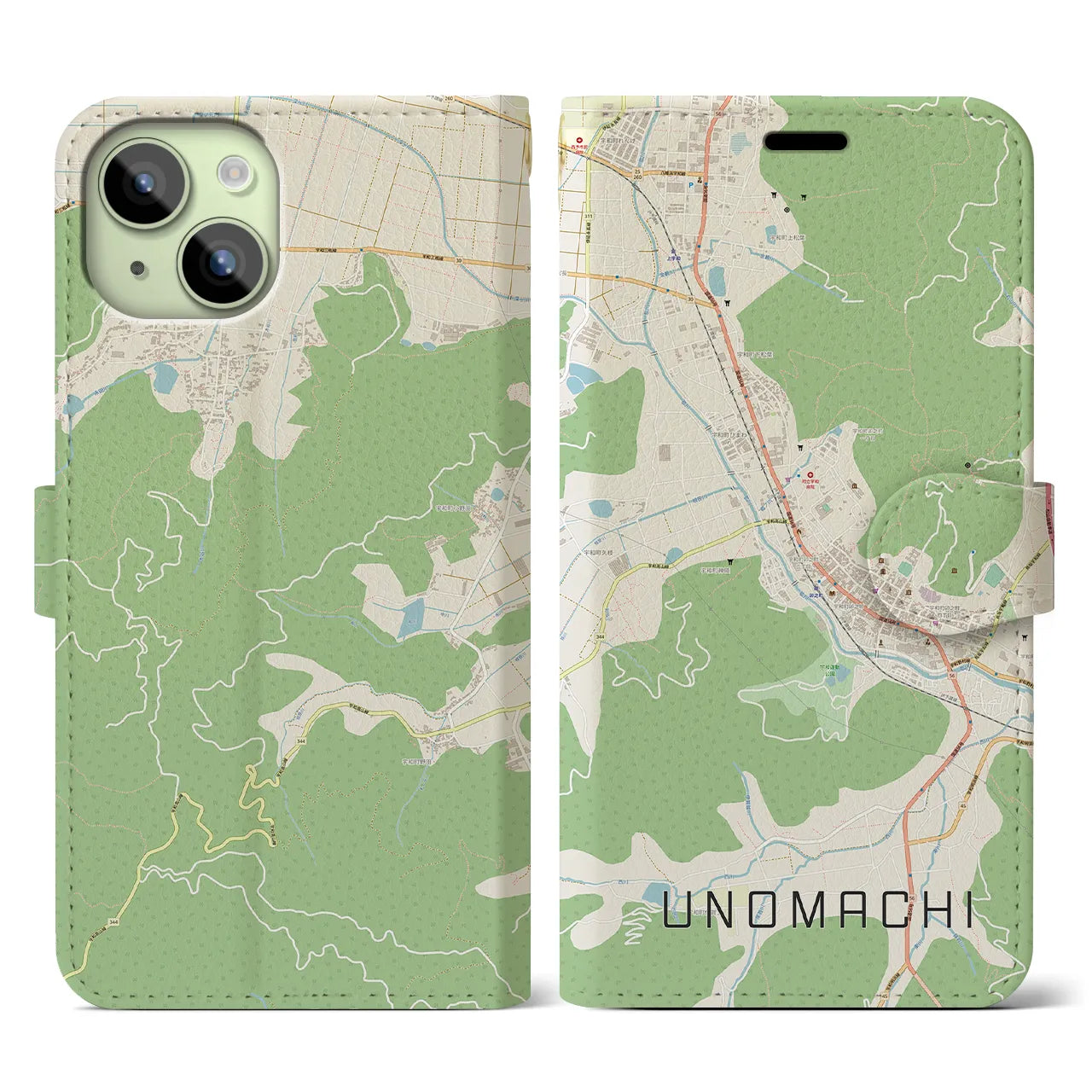 【卯之町(愛媛県)】地図柄iPhoneケース(手帳タイプ)ナチュラル・iPhone 15 用