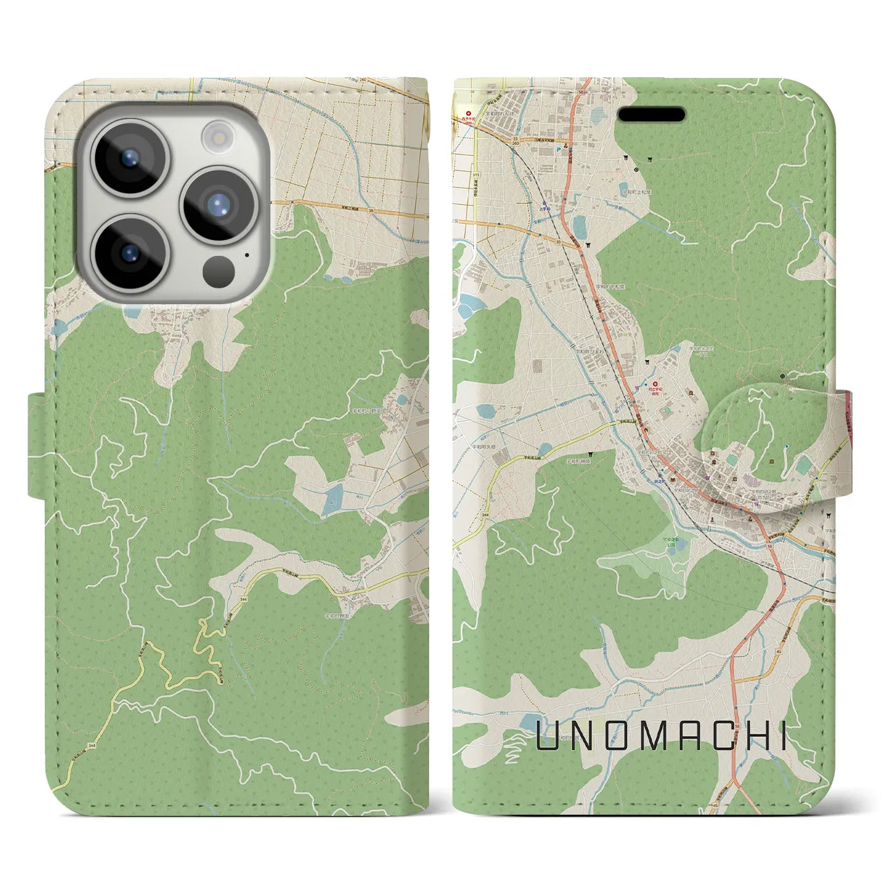 【卯之町(愛媛県)】地図柄iPhoneケース(手帳タイプ)ナチュラル・iPhone 15 Pro 用