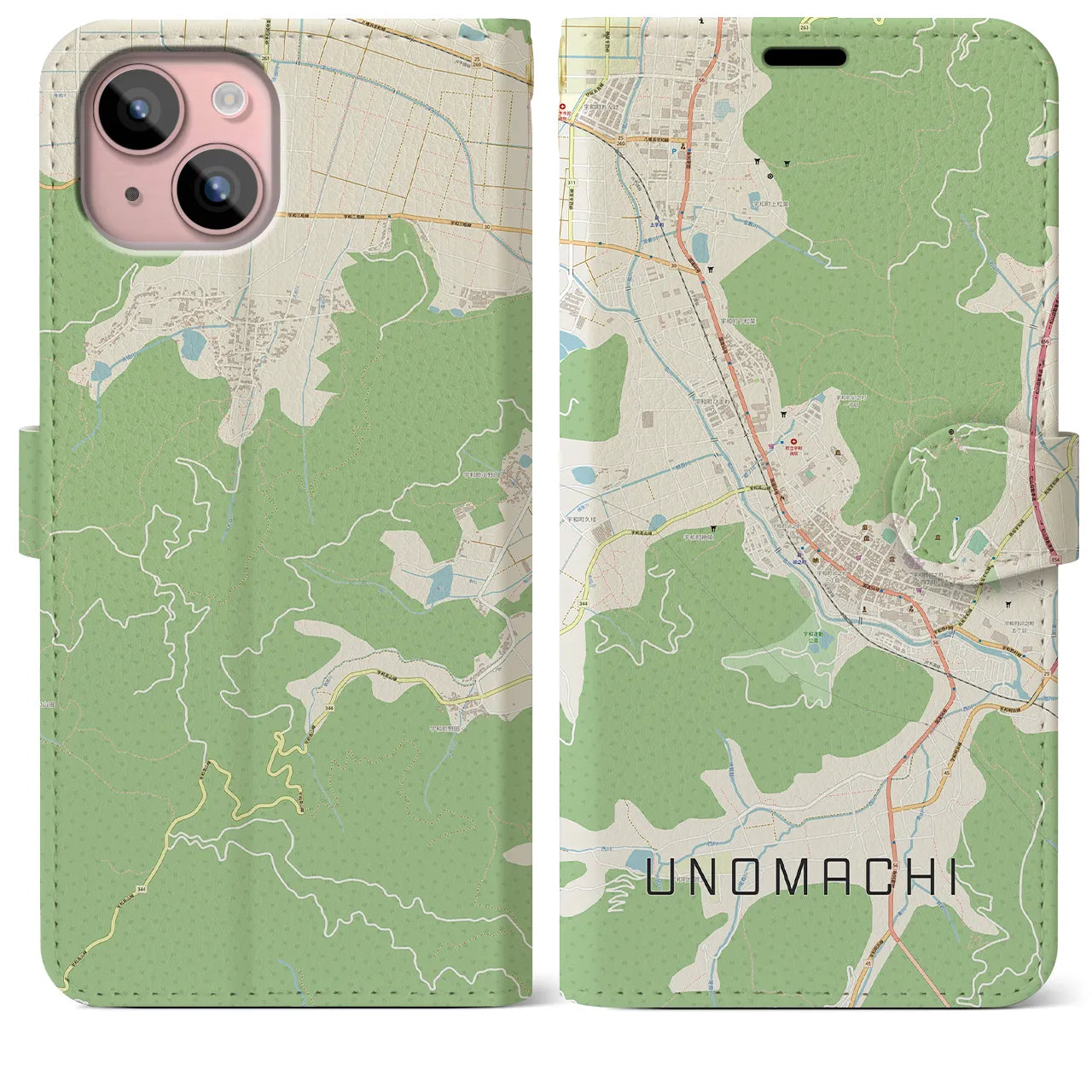 【卯之町(愛媛県)】地図柄iPhoneケース(手帳タイプ)ナチュラル・iPhone 15 Plus 用