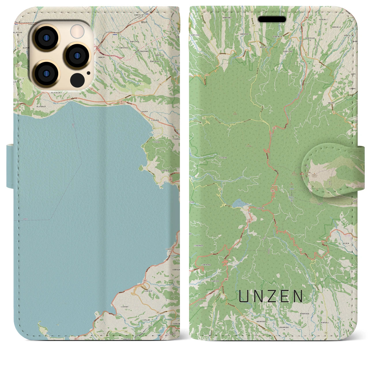 【雲仙(長崎県)】地図柄iPhoneケース(手帳タイプ)ナチュラル・iPhone 12 Pro Max 用