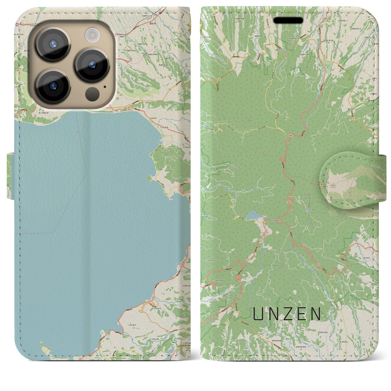 【雲仙(長崎県)】地図柄iPhoneケース(手帳タイプ)ナチュラル・iPhone 14 Pro Max 用