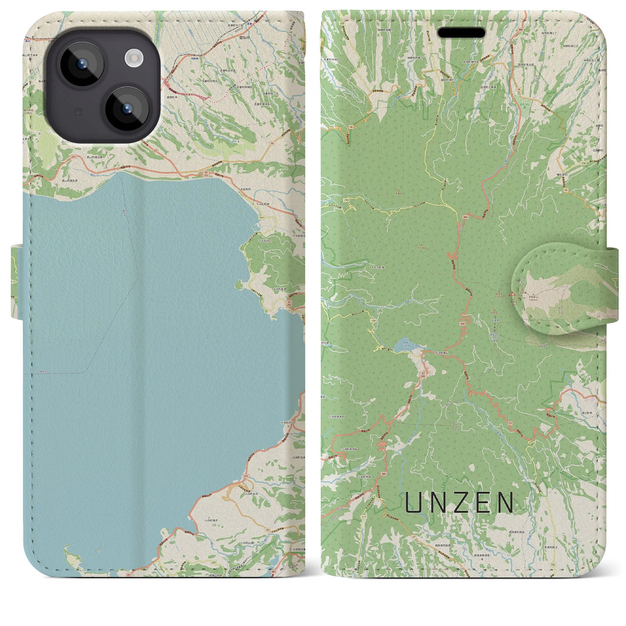 【雲仙(長崎県)】地図柄iPhoneケース(手帳タイプ)ナチュラル・iPhone 14 Plus 用