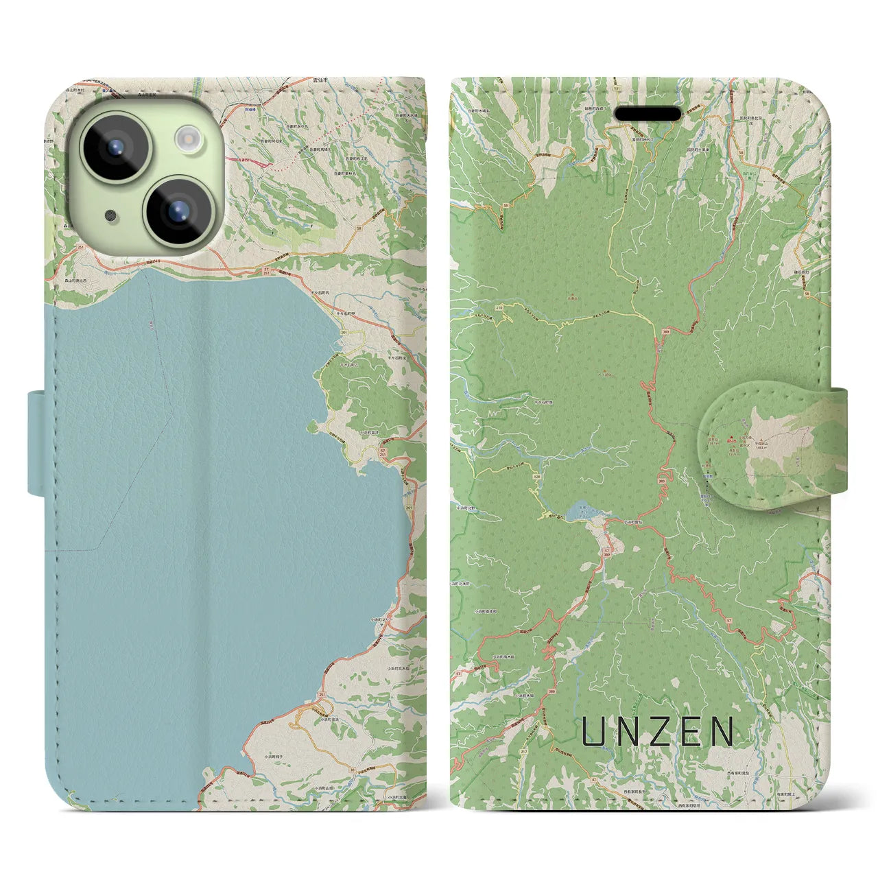 【雲仙(長崎県)】地図柄iPhoneケース(手帳タイプ)ナチュラル・iPhone 15 用