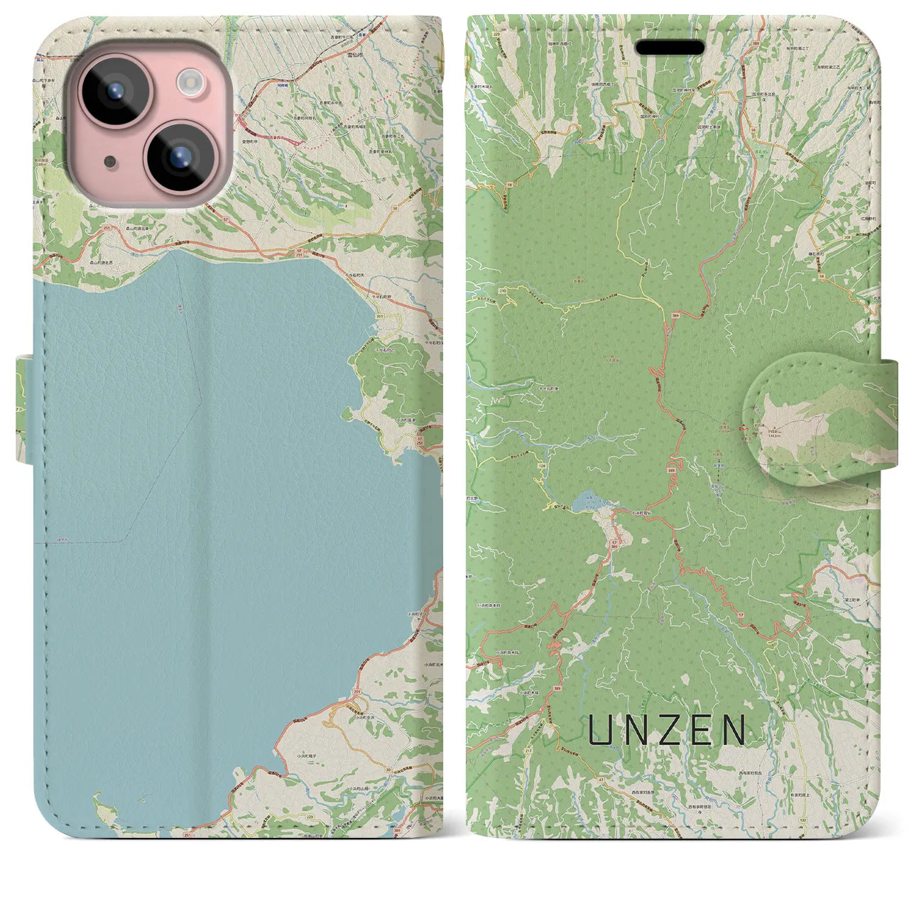 【雲仙(長崎県)】地図柄iPhoneケース(手帳タイプ)ナチュラル・iPhone 15 Plus 用