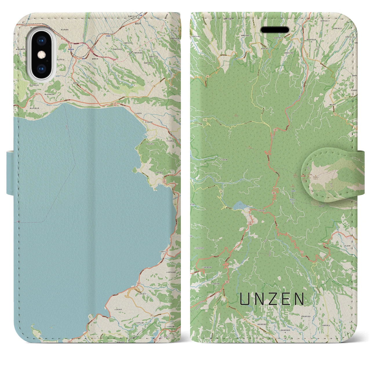【雲仙(長崎県)】地図柄iPhoneケース(手帳タイプ)ナチュラル・iPhone XS Max 用