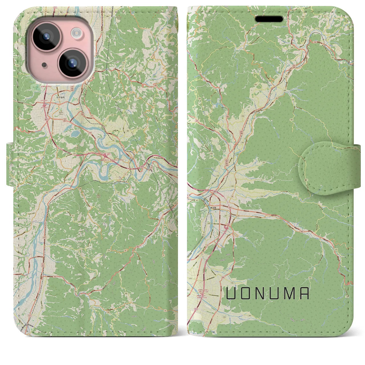 【魚沼(新潟県)】地図柄iPhoneケース(手帳タイプ)ナチュラル・iPhone 15 Plus 用