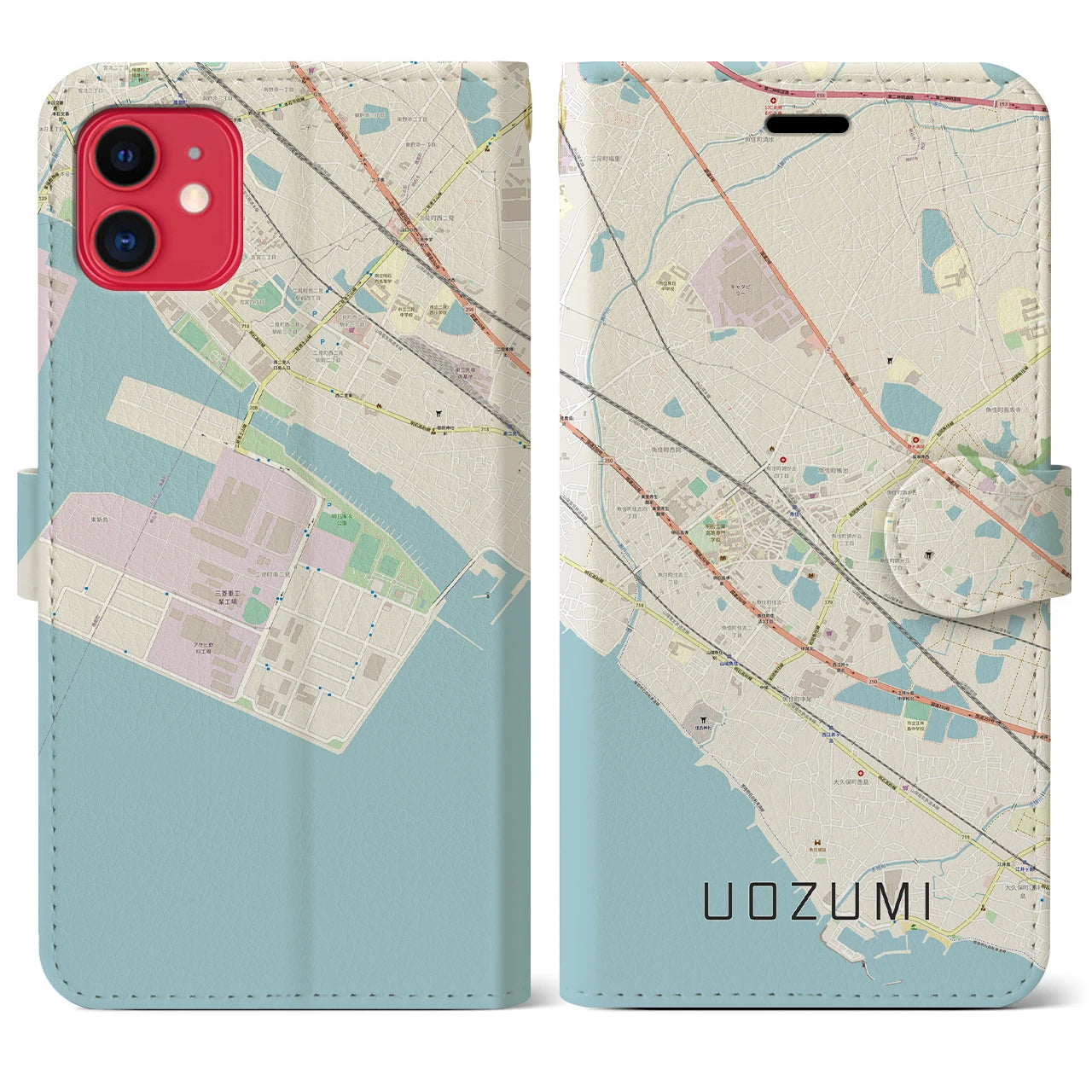 【魚住(兵庫県)】地図柄iPhoneケース(手帳タイプ)ナチュラル・iPhone 11 用