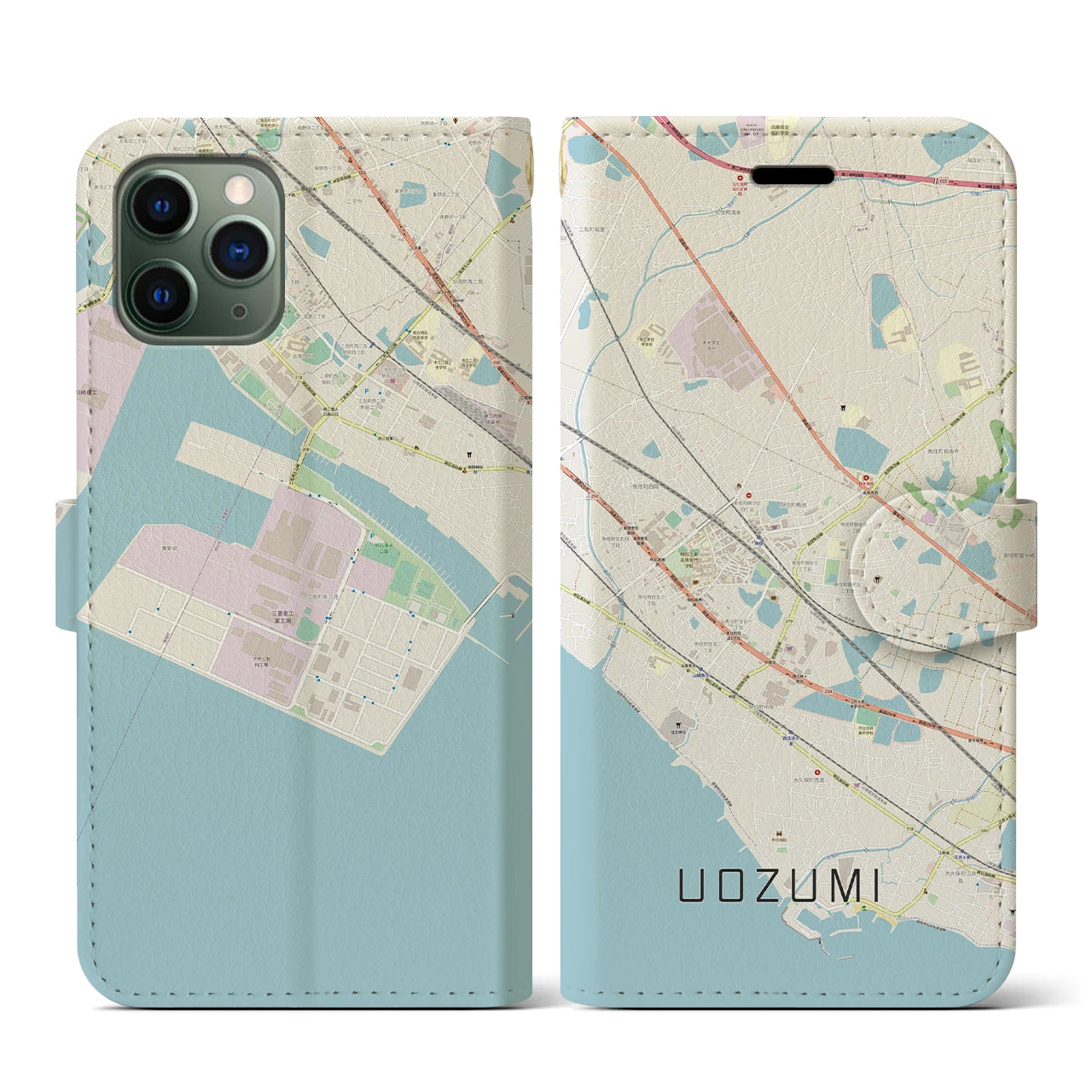 【魚住(兵庫県)】地図柄iPhoneケース(手帳タイプ)ナチュラル・iPhone 11 Pro 用