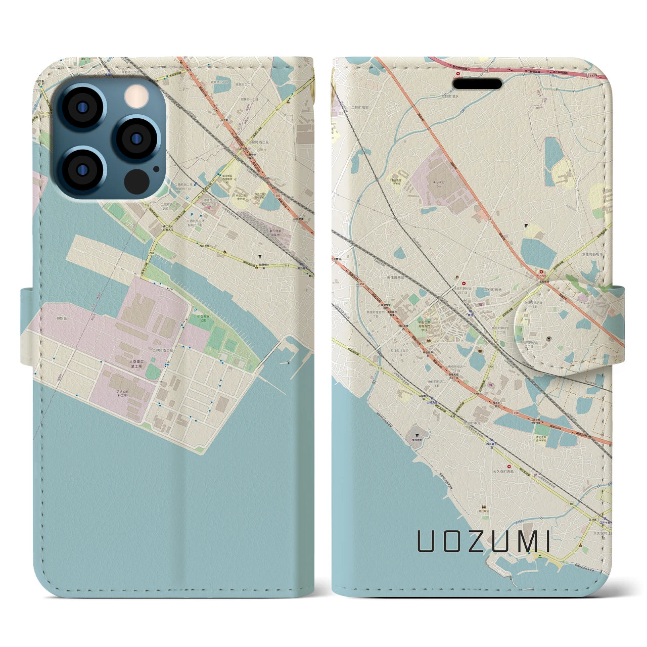 【魚住(兵庫県)】地図柄iPhoneケース(手帳タイプ)ナチュラル・iPhone 12 / 12 Pro 用