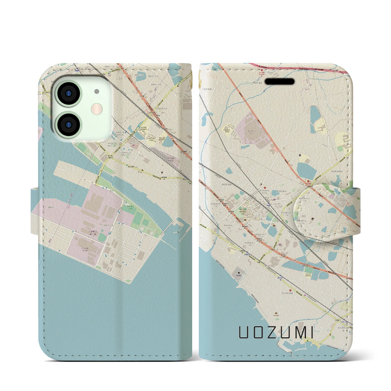 【魚住(兵庫県)】地図柄iPhoneケース(手帳タイプ)ナチュラル・iPhone 12 mini 用