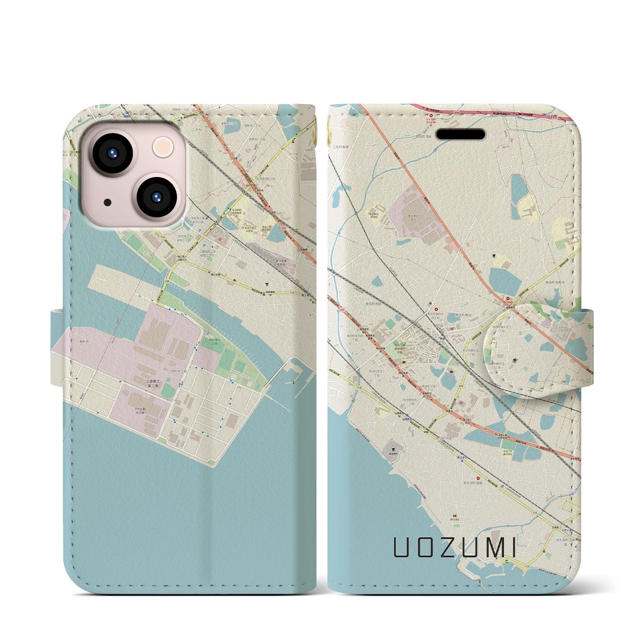 【魚住(兵庫県)】地図柄iPhoneケース(手帳タイプ)ナチュラル・iPhone 13 mini 用