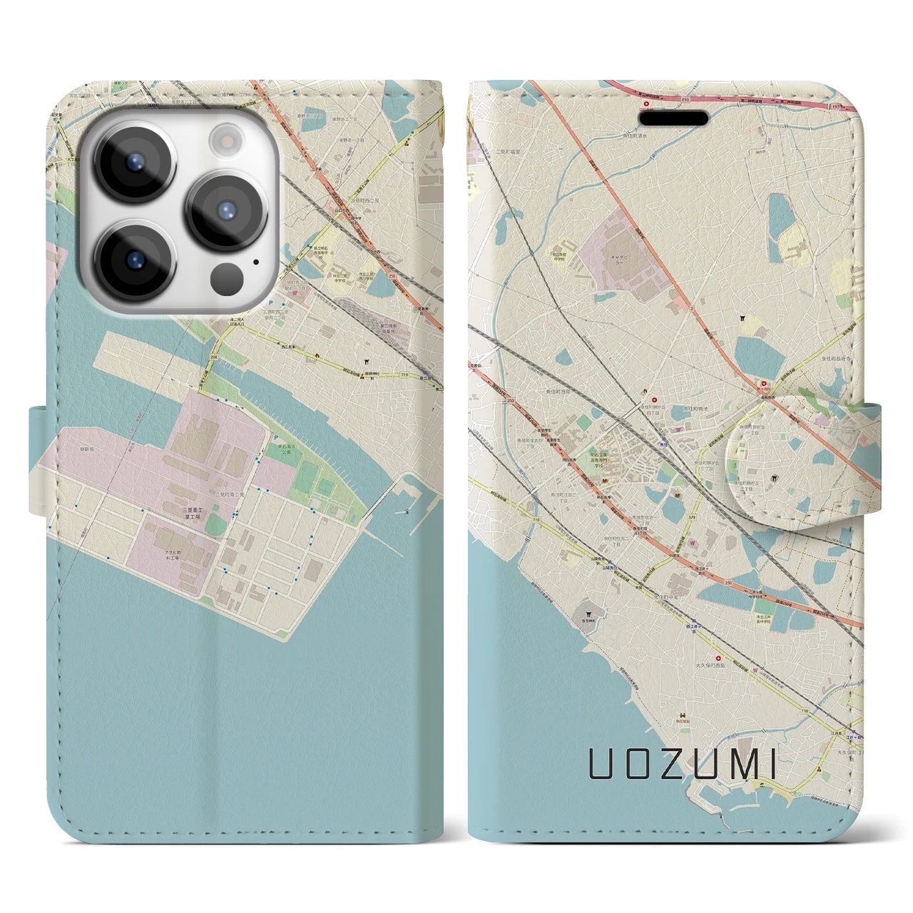 【魚住(兵庫県)】地図柄iPhoneケース(手帳タイプ)ナチュラル・iPhone 14 Pro 用