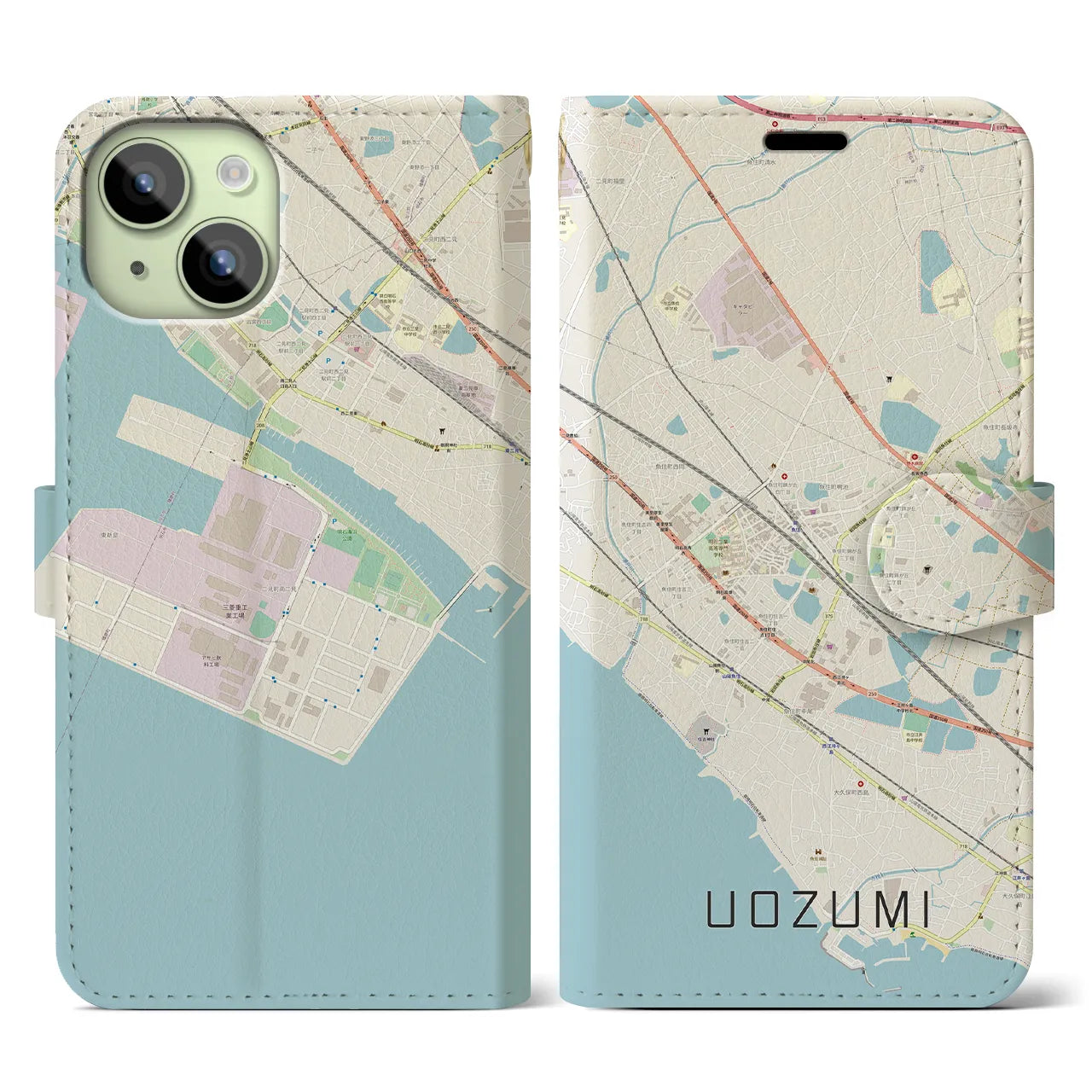 【魚住(兵庫県)】地図柄iPhoneケース(手帳タイプ)ナチュラル・iPhone 15 用