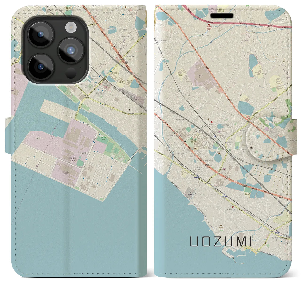 【魚住(兵庫県)】地図柄iPhoneケース(手帳タイプ)ナチュラル・iPhone 15 Pro Max 用