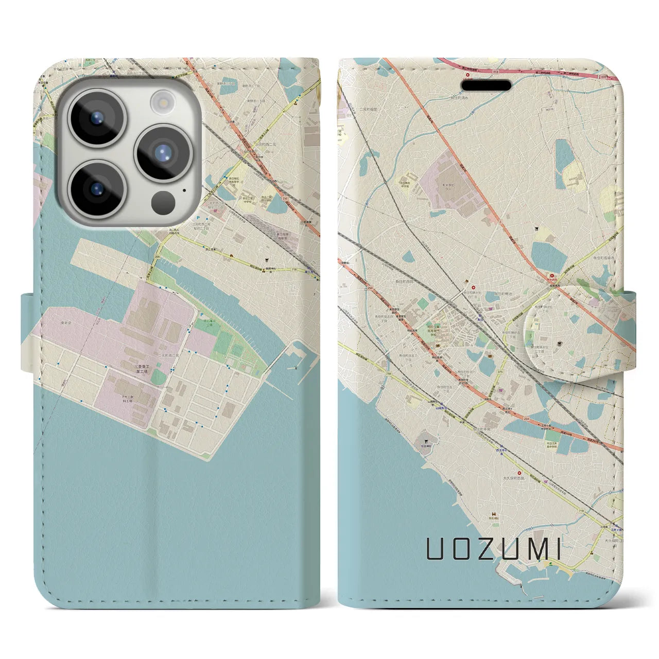 【魚住(兵庫県)】地図柄iPhoneケース(手帳タイプ)ナチュラル・iPhone 15 Pro 用