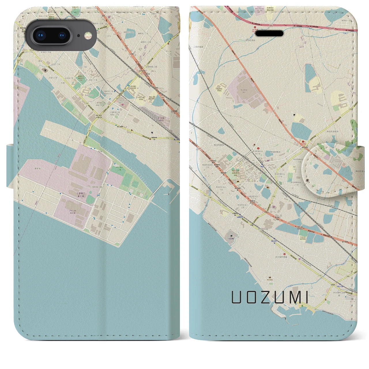 【魚住(兵庫県)】地図柄iPhoneケース(手帳タイプ)ナチュラル・iPhone 8Plus /7Plus / 6sPlus / 6Plus 用