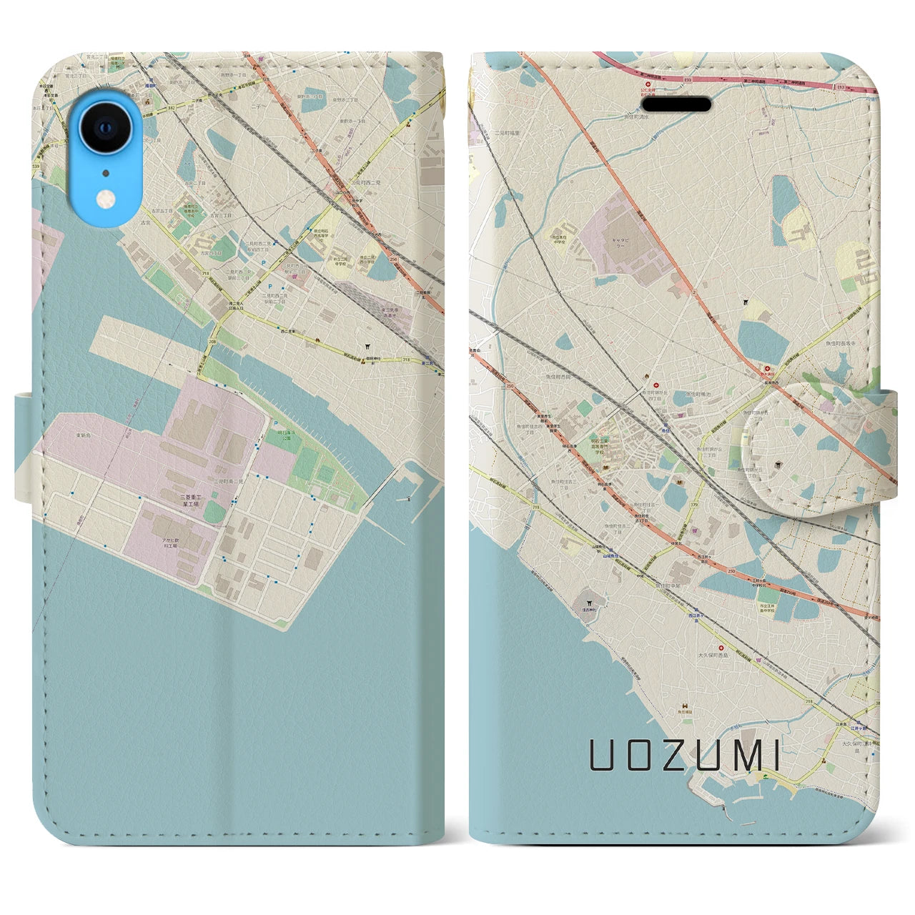 【魚住(兵庫県)】地図柄iPhoneケース(手帳タイプ)ナチュラル・iPhone XR 用