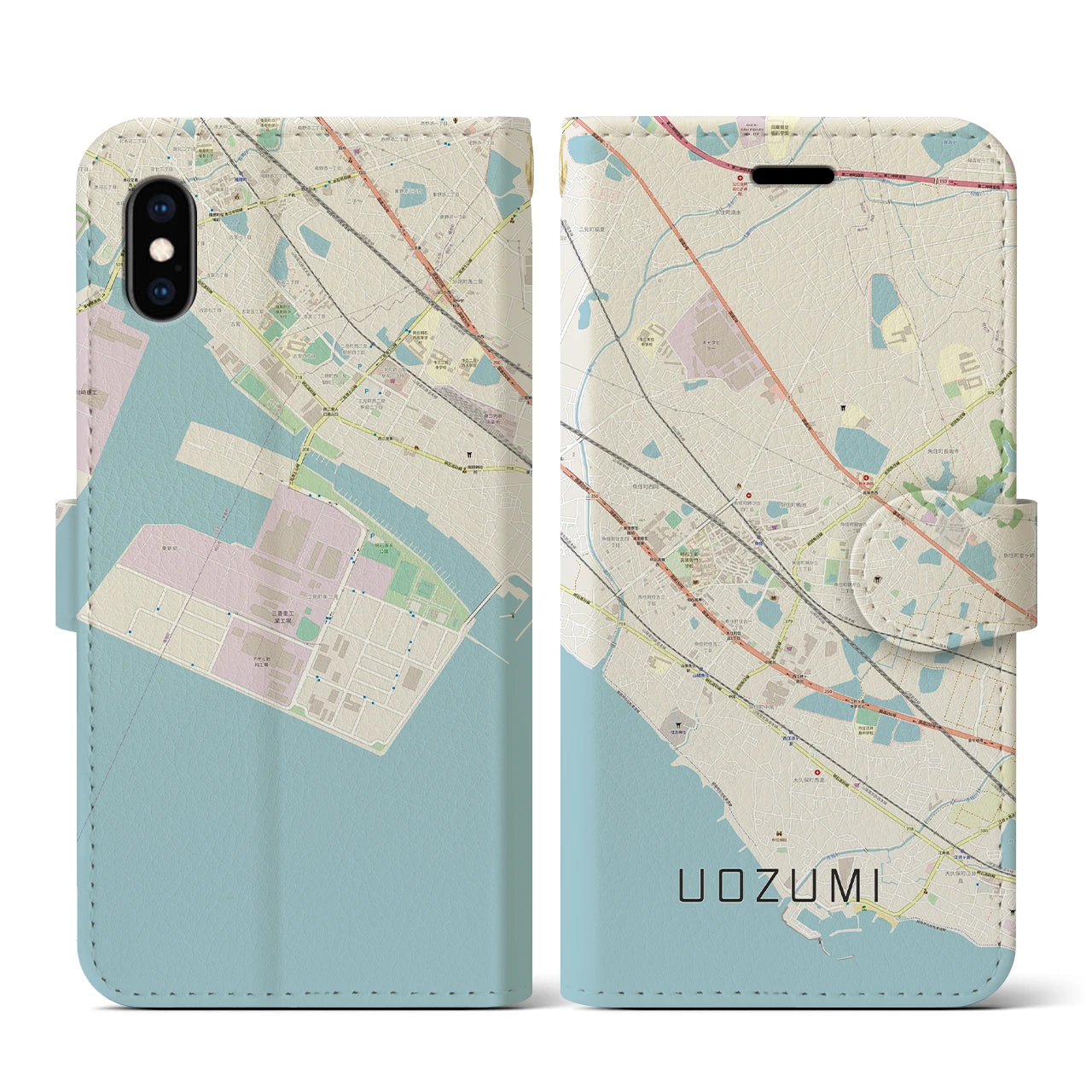 【魚住(兵庫県)】地図柄iPhoneケース(手帳タイプ)ナチュラル・iPhone XS / X 用