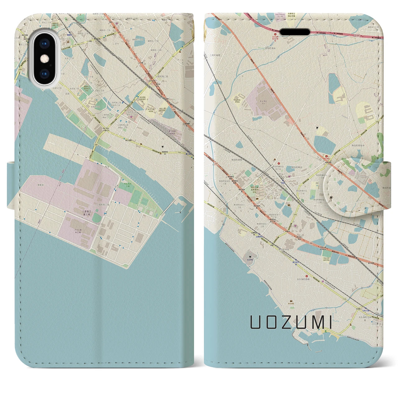 【魚住(兵庫県)】地図柄iPhoneケース(手帳タイプ)ナチュラル・iPhone XS Max 用