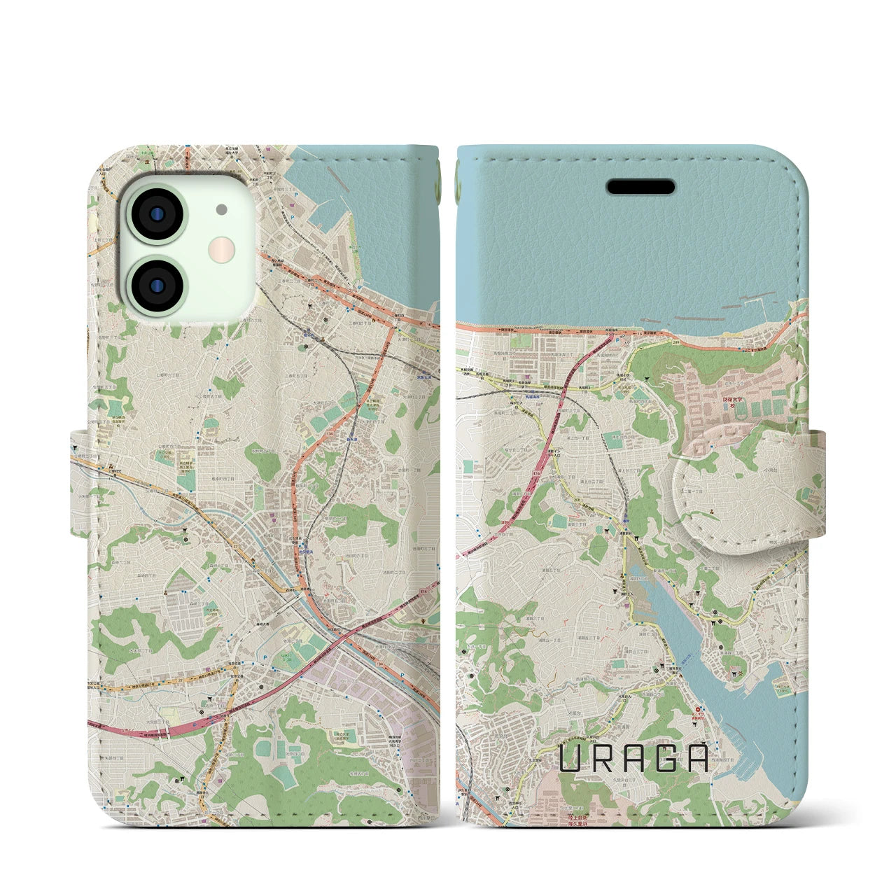 【浦賀(神奈川県)】地図柄iPhoneケース(手帳タイプ)ナチュラル・iPhone 12 mini 用