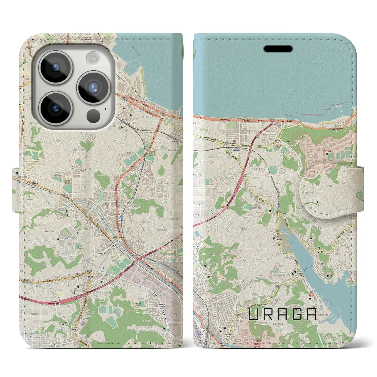 【浦賀(神奈川県)】地図柄iPhoneケース(手帳タイプ)ナチュラル・iPhone 15 Pro 用