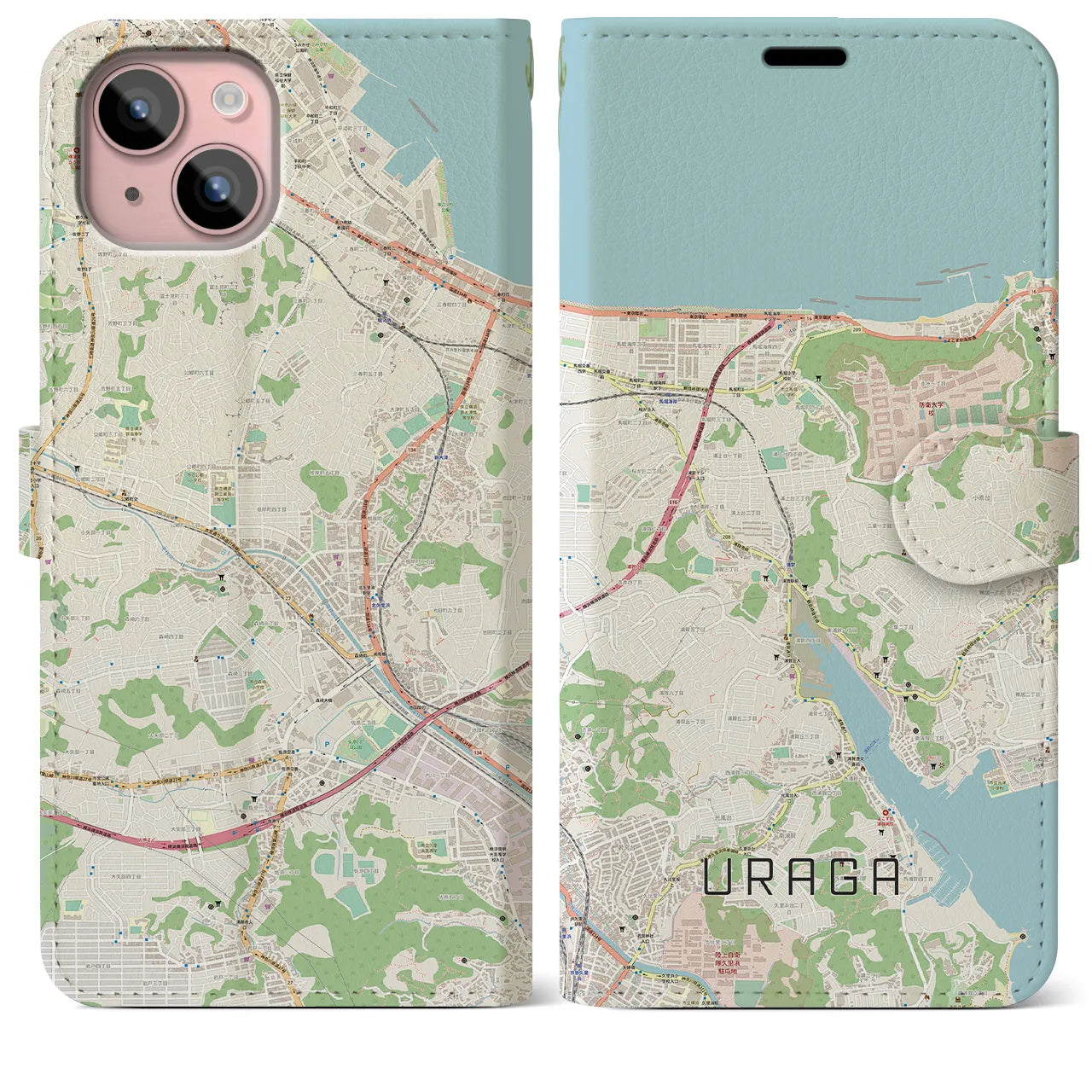 【浦賀(神奈川県)】地図柄iPhoneケース(手帳タイプ)ナチュラル・iPhone 15 Plus 用