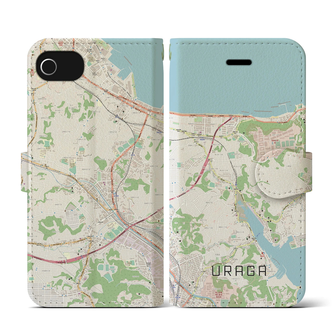 【浦賀(神奈川県)】地図柄iPhoneケース(手帳タイプ)ナチュラル・iPhone SE(第3 / 第2世代) / 8 / 7 / 6s / 6 用