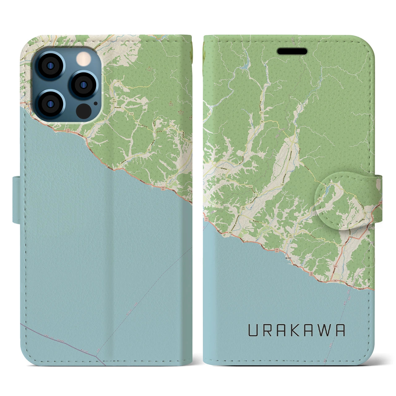 【浦河(北海道)】地図柄iPhoneケース(手帳タイプ)ナチュラル・iPhone 12 / 12 Pro 用