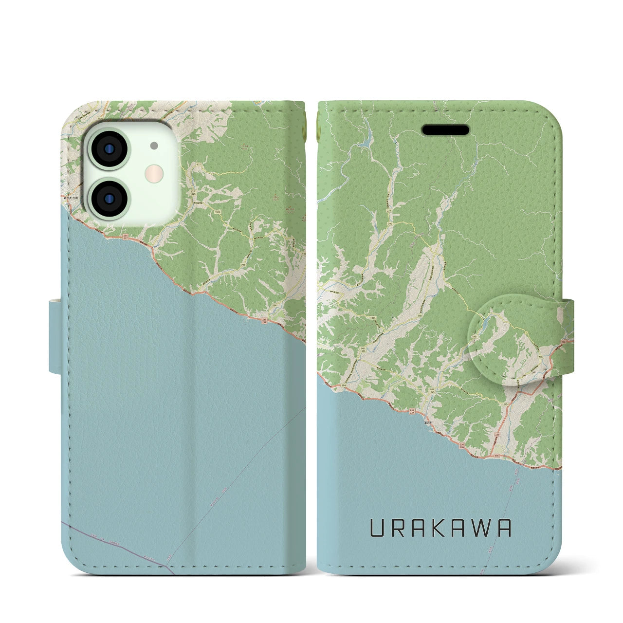 【浦河(北海道)】地図柄iPhoneケース(手帳タイプ)ナチュラル・iPhone 12 mini 用