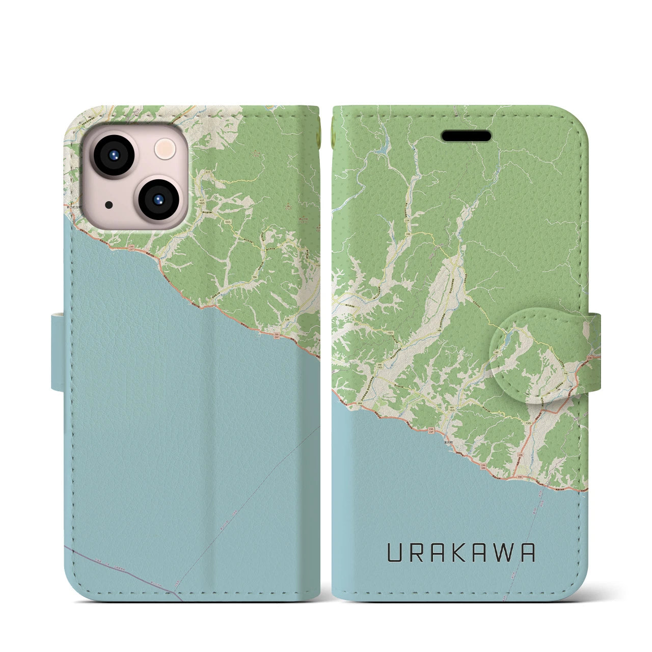 【浦河(北海道)】地図柄iPhoneケース(手帳タイプ)ナチュラル・iPhone 13 mini 用