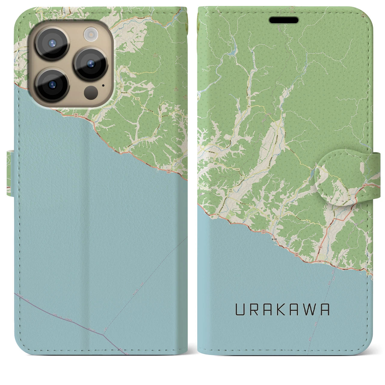 【浦河(北海道)】地図柄iPhoneケース(手帳タイプ)ナチュラル・iPhone 14 Pro Max 用