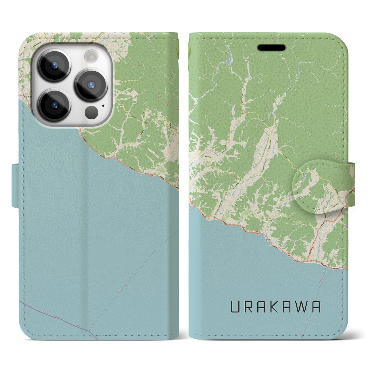 【浦河(北海道)】地図柄iPhoneケース(手帳タイプ)ナチュラル・iPhone 14 Pro 用