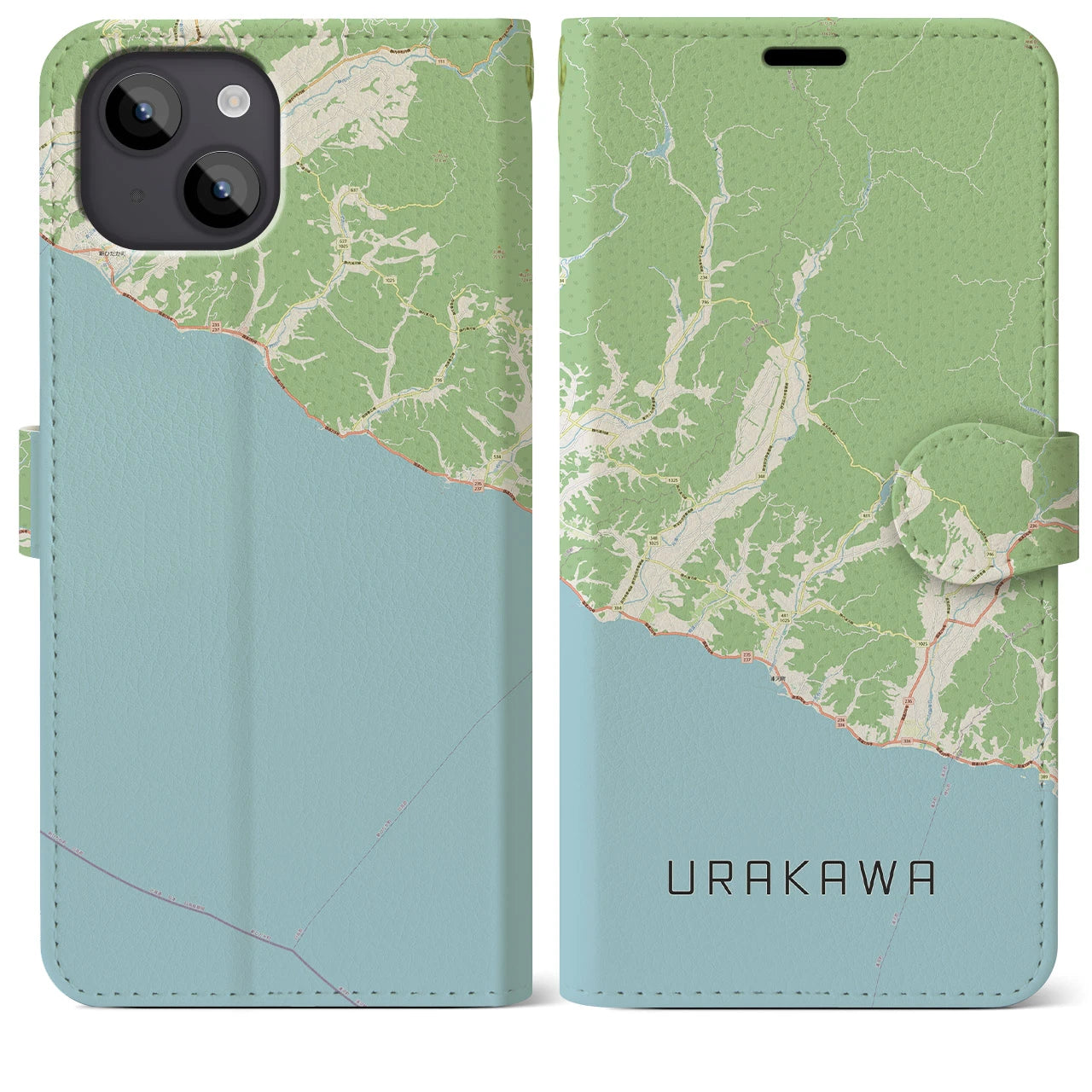 【浦河(北海道)】地図柄iPhoneケース(手帳タイプ)ナチュラル・iPhone 14 Plus 用