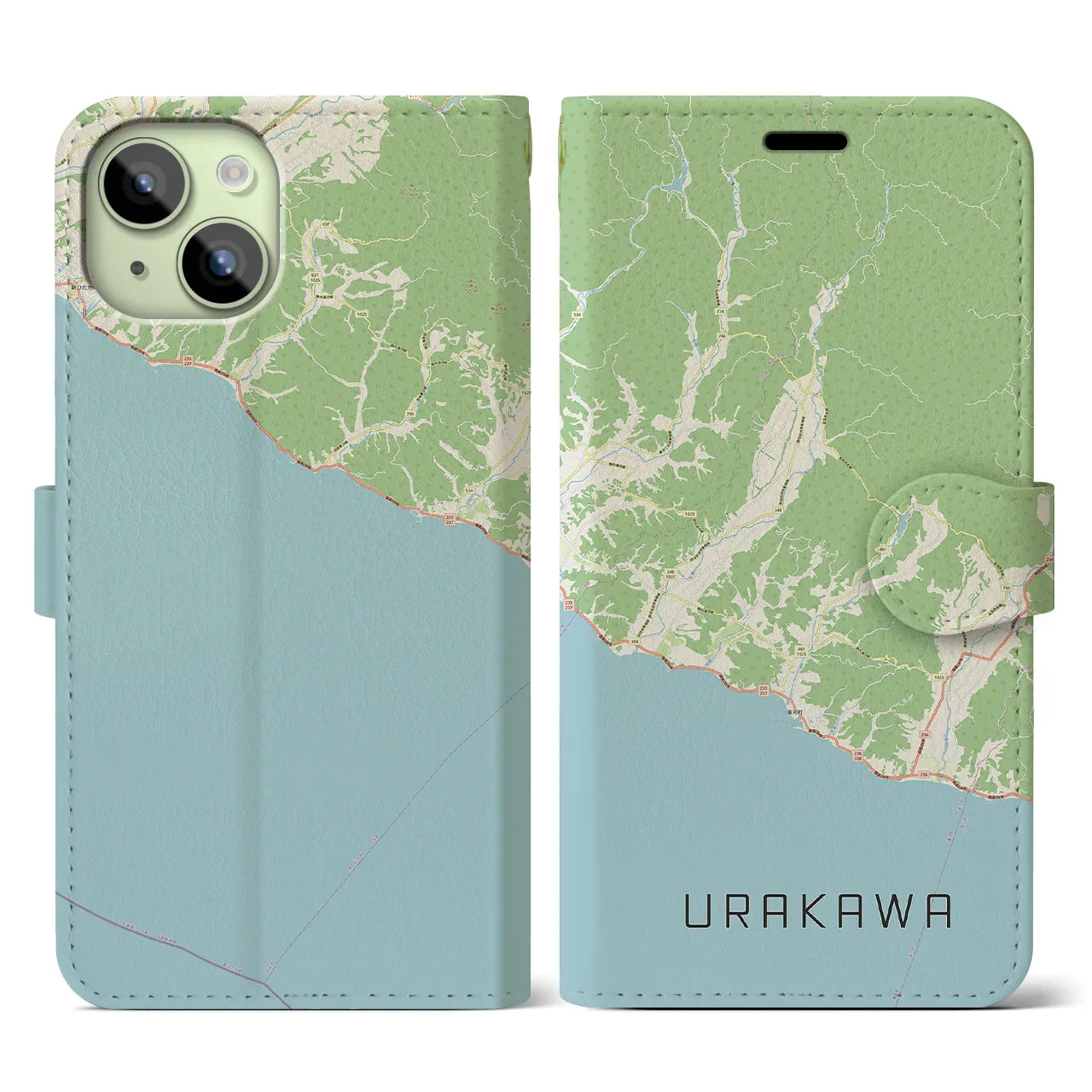 【浦河(北海道)】地図柄iPhoneケース(手帳タイプ)ナチュラル・iPhone 15 用