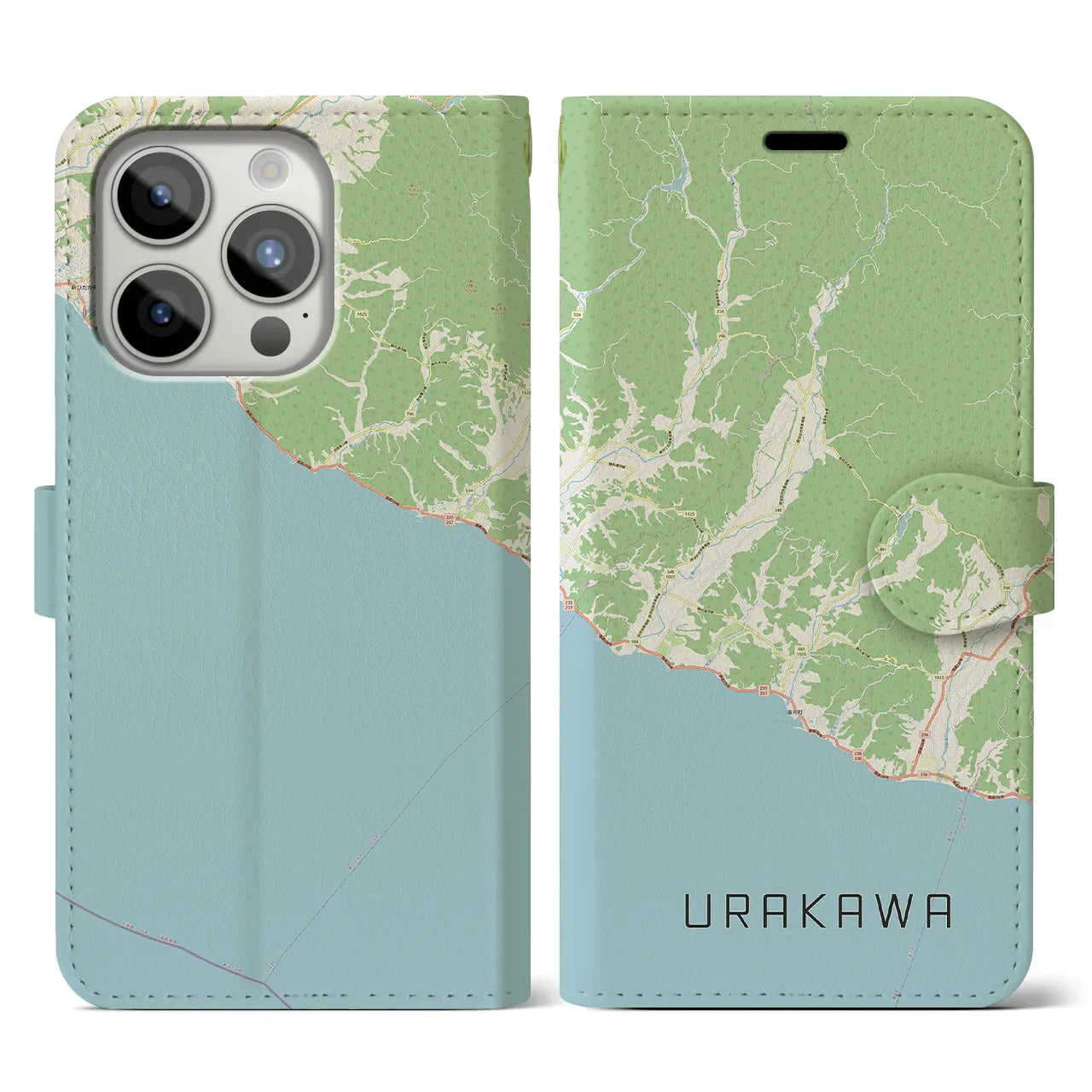 【浦河(北海道)】地図柄iPhoneケース(手帳タイプ)ナチュラル・iPhone 15 Pro 用