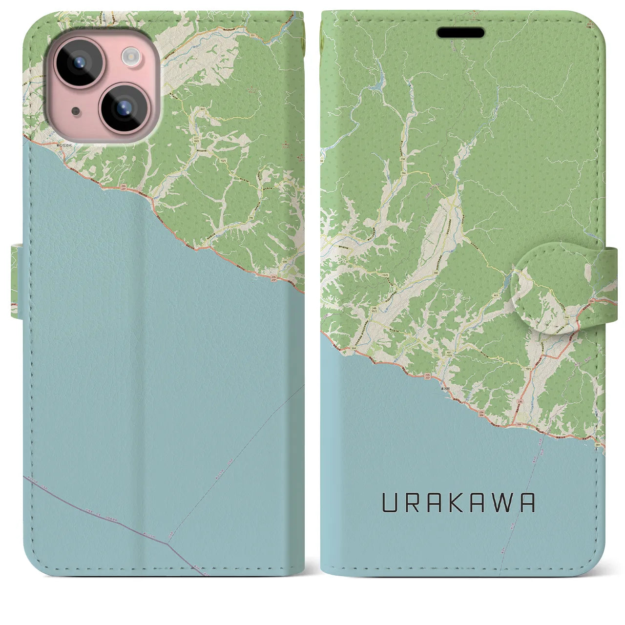 【浦河(北海道)】地図柄iPhoneケース(手帳タイプ)ナチュラル・iPhone 15 Plus 用