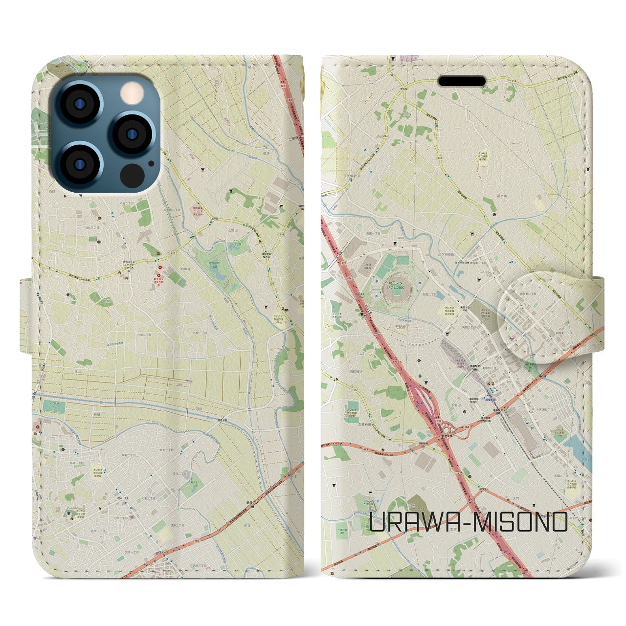 【浦和美園2(埼玉県)】地図柄iPhoneケース(手帳タイプ)ナチュラル・iPhone 12 / 12 Pro 用