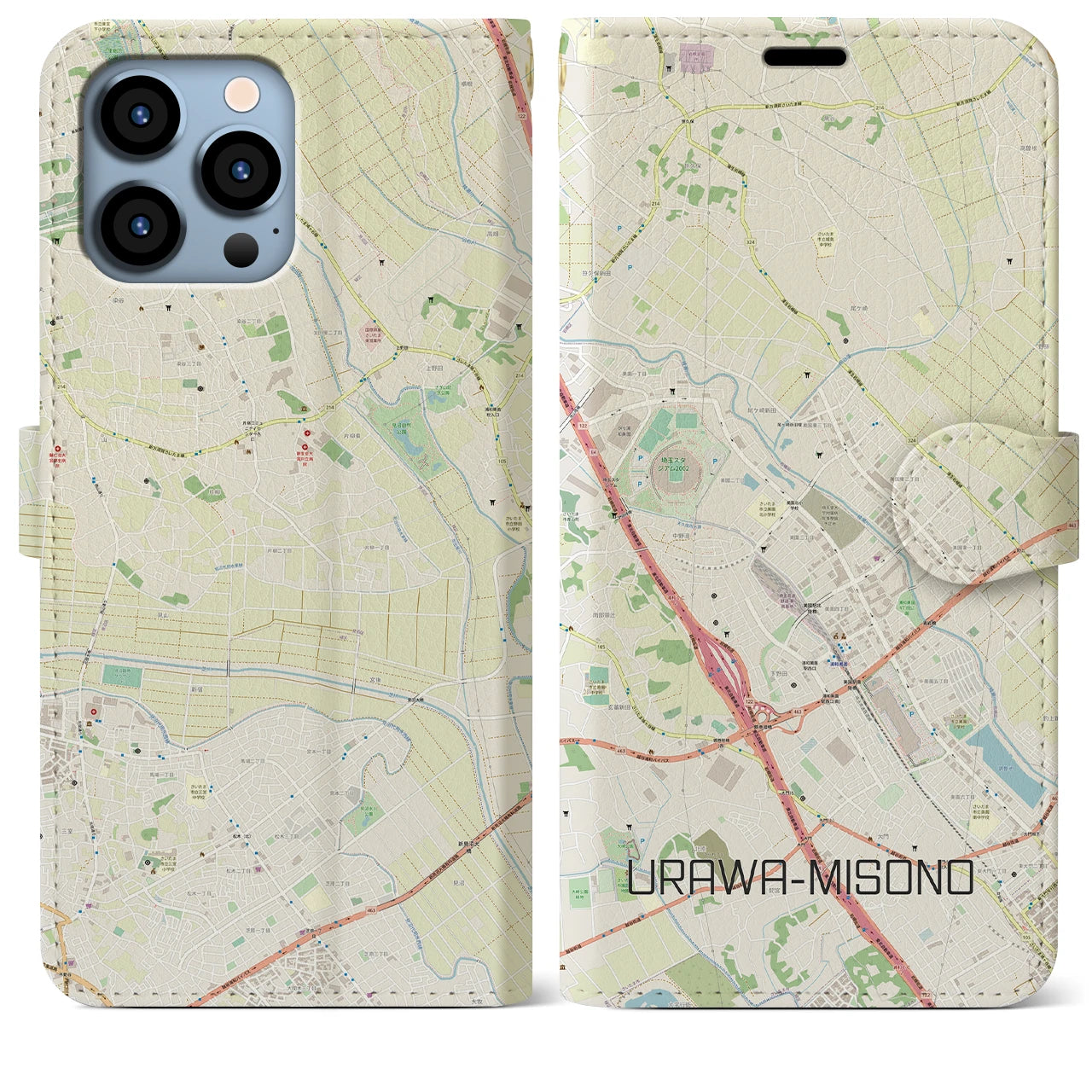 【浦和美園2(埼玉県)】地図柄iPhoneケース(手帳タイプ)ナチュラル・iPhone 13 Pro Max 用