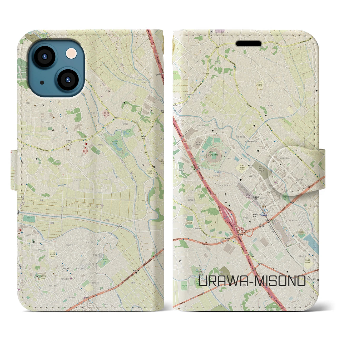 【浦和美園2(埼玉県)】地図柄iPhoneケース(手帳タイプ)ナチュラル・iPhone 13 用